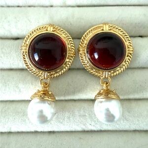 Gold and Deep Red Earrings with Pearl Accent